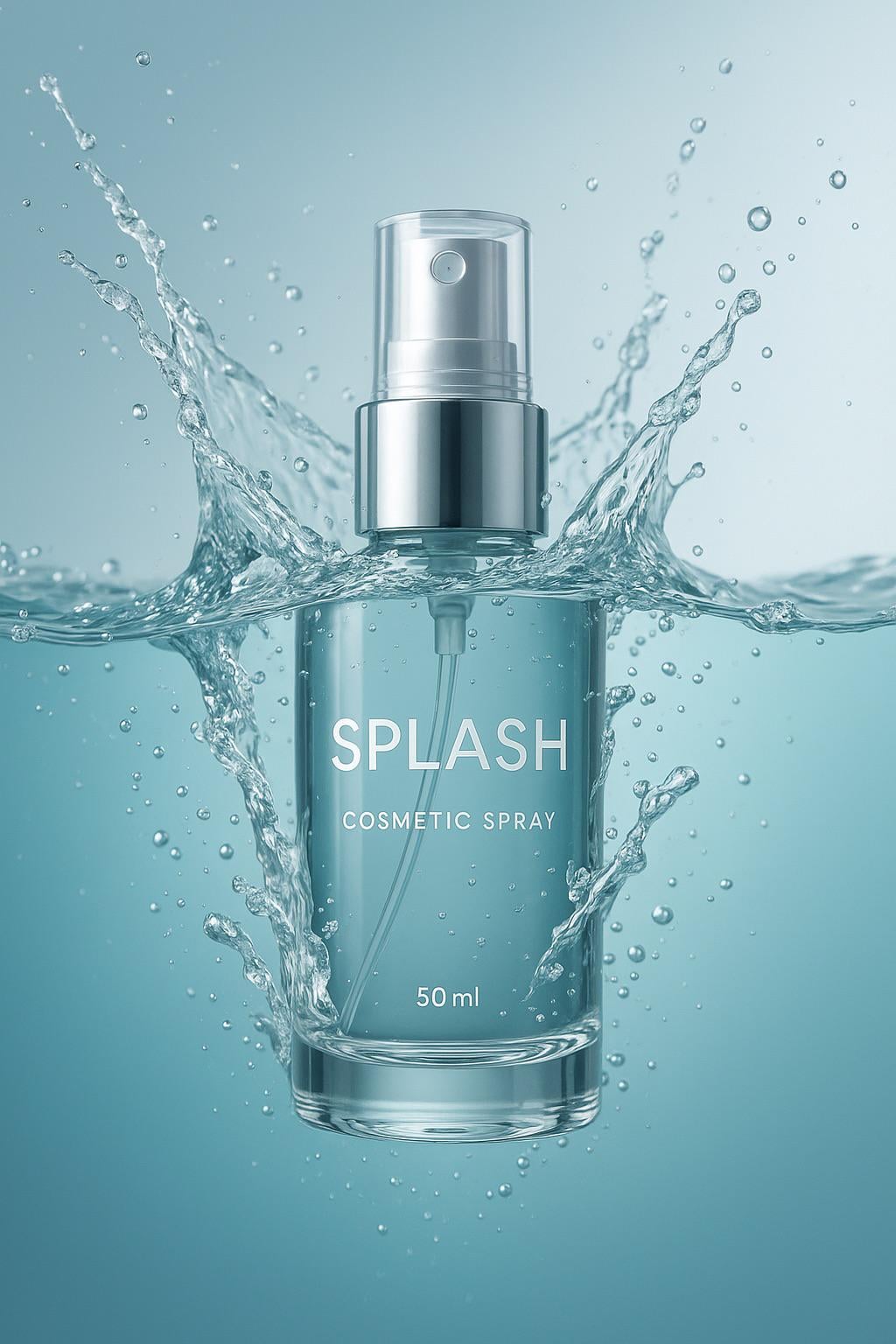 A premium 50ml transparent spray bottle labeled 'SPLASH Cosmetic Spray', partially submerged underwater with dynamic splash effects.