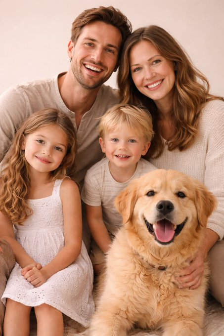 A joyful family of four with a golden retriever dog posing closely, smiling against a soft, light-colored studio backdrop.