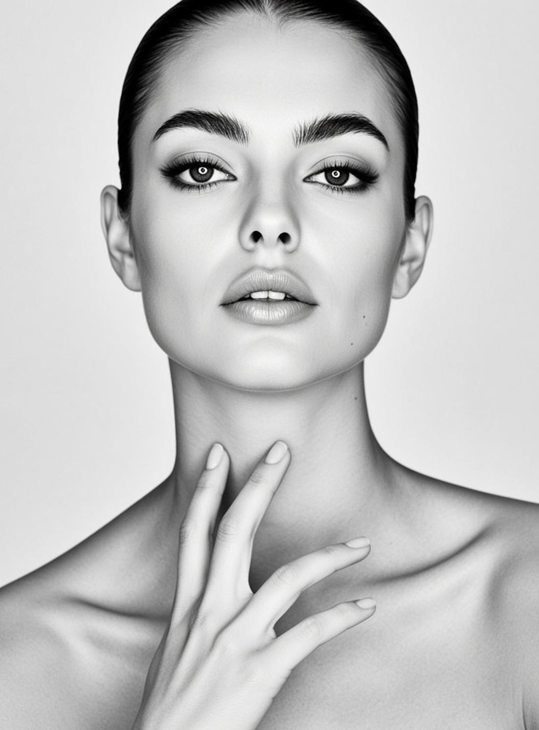 Photorealistic Black And White Medium Close-up Portrait Young Woman With reference photo