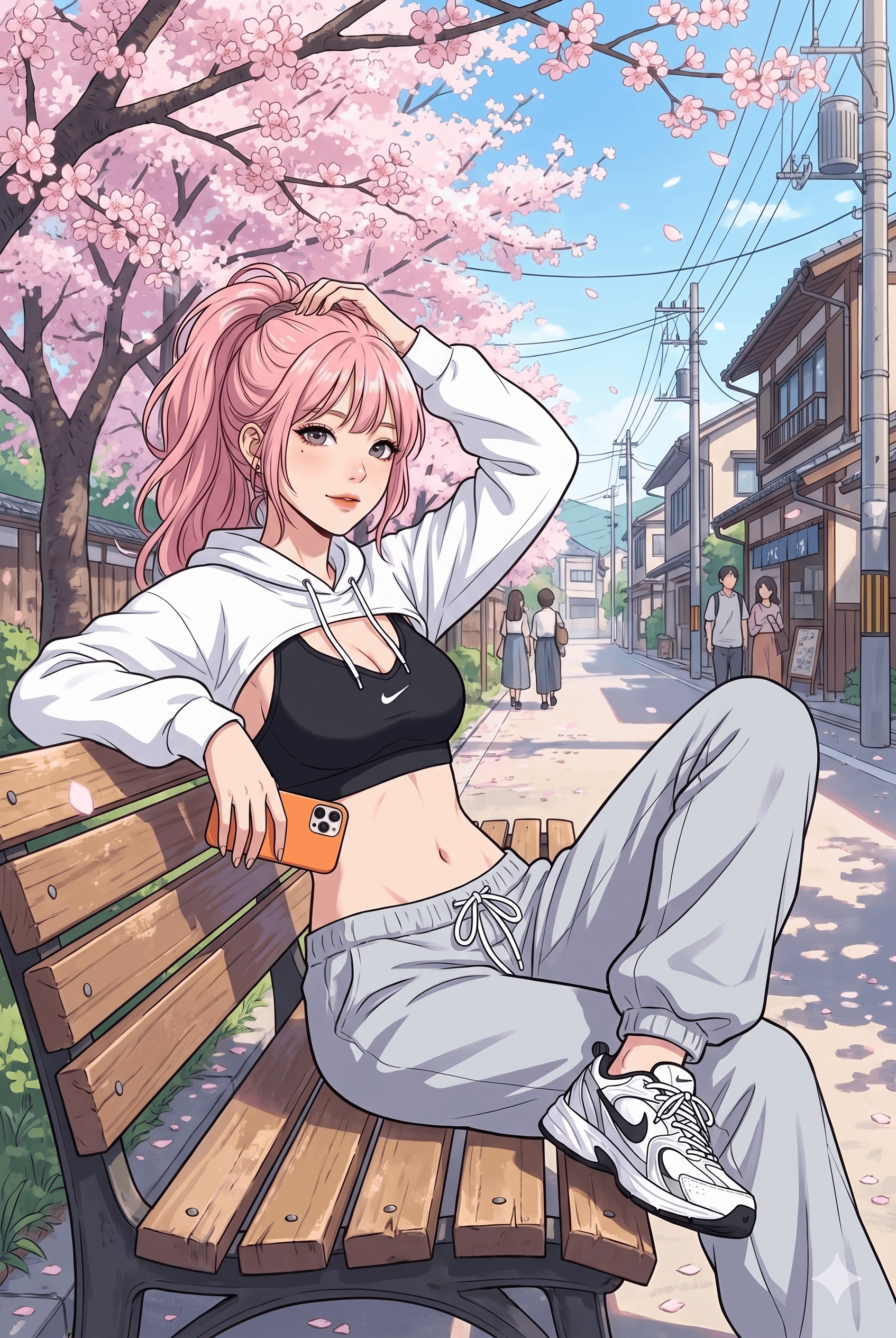 Anime woman in black sports bra and white cropped hoodie on a park bench under cherry blossoms, holding an orange iPhone.