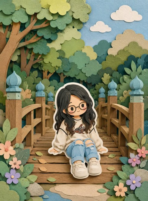 A chibi-style character sitting cross-legged on a wooden bridge, surrounded by layered paper foliage and pastel colors.