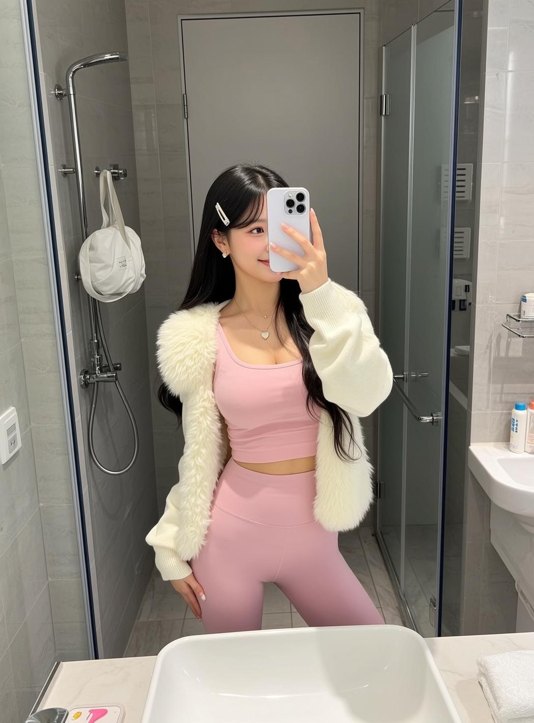 Barbiecore Stands Facing Mirror Holding White Smartphone reference photo