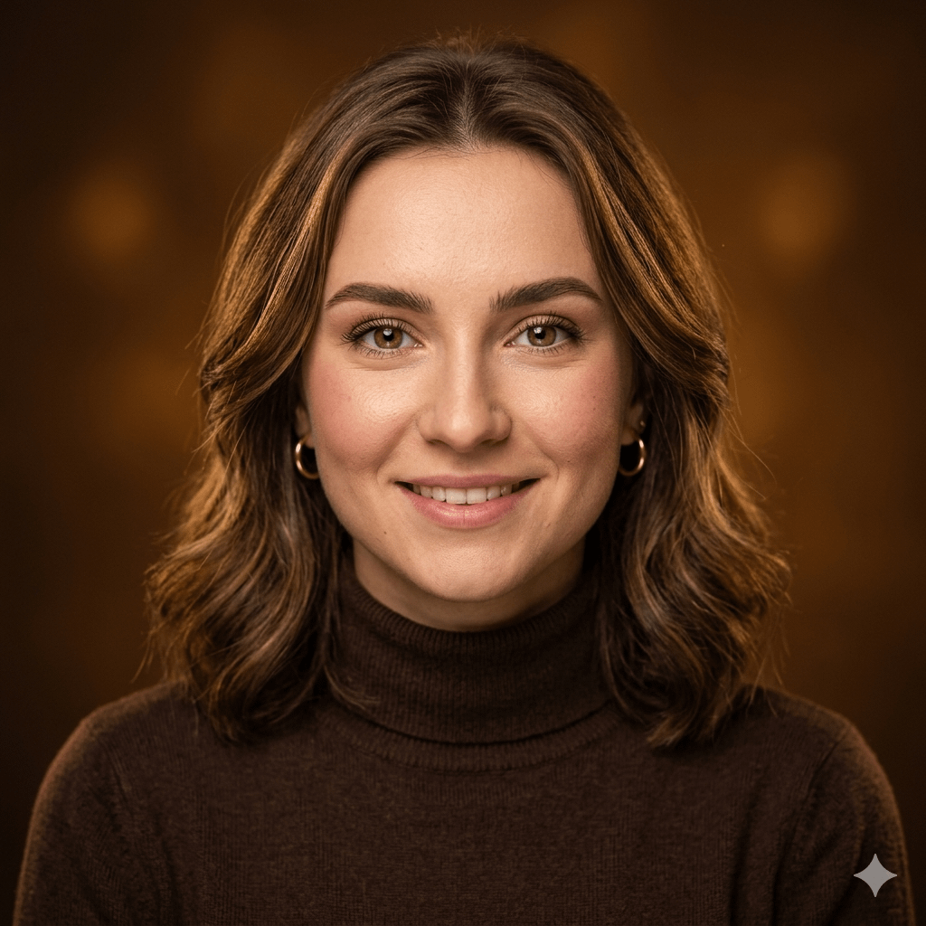 A warm golden toned studio headshot featuring a woman with natural skin texture and a soft smile, captured in 4K resolution.