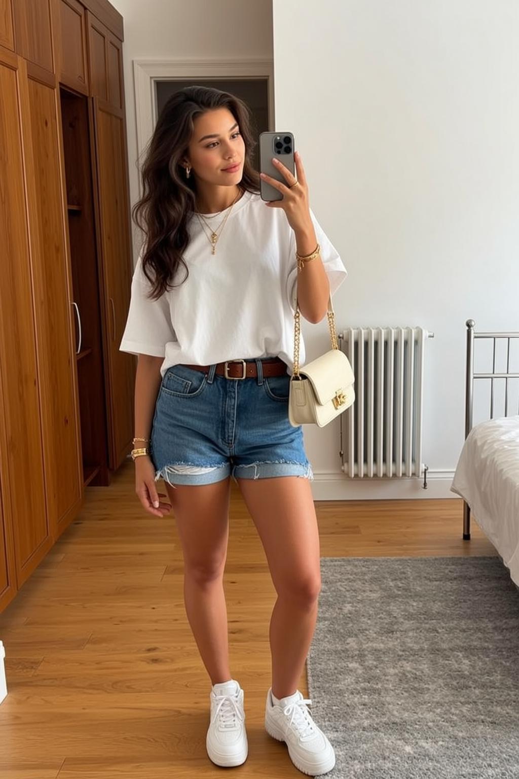 White Oversized Wavy Hair Mirror Selfie reference photo