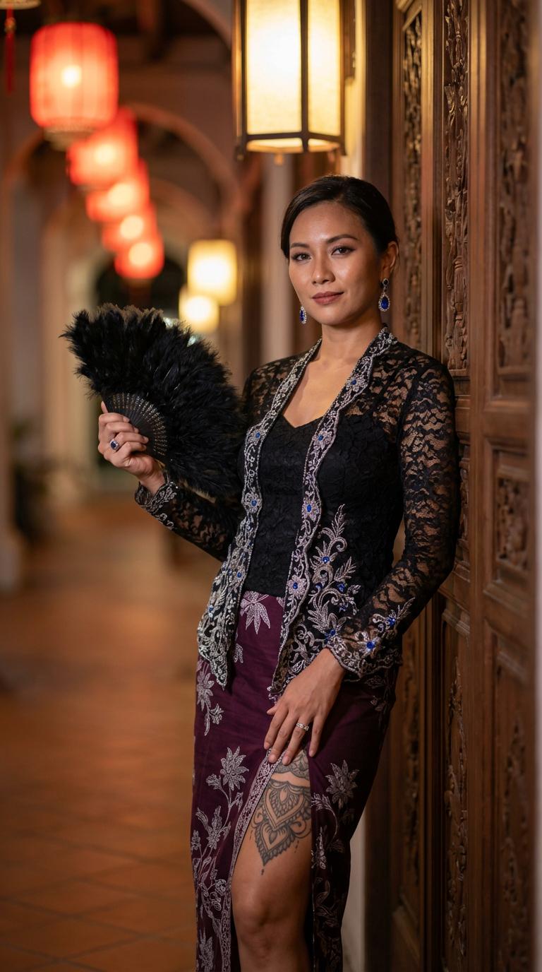 Ebony Lace Kebaya With Silver Embroidery And Plum Batik Sarong reference photo