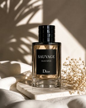 Close-up shot of Dior Sauvage Eau de Parfum on marble with dried flowers and soft lighting