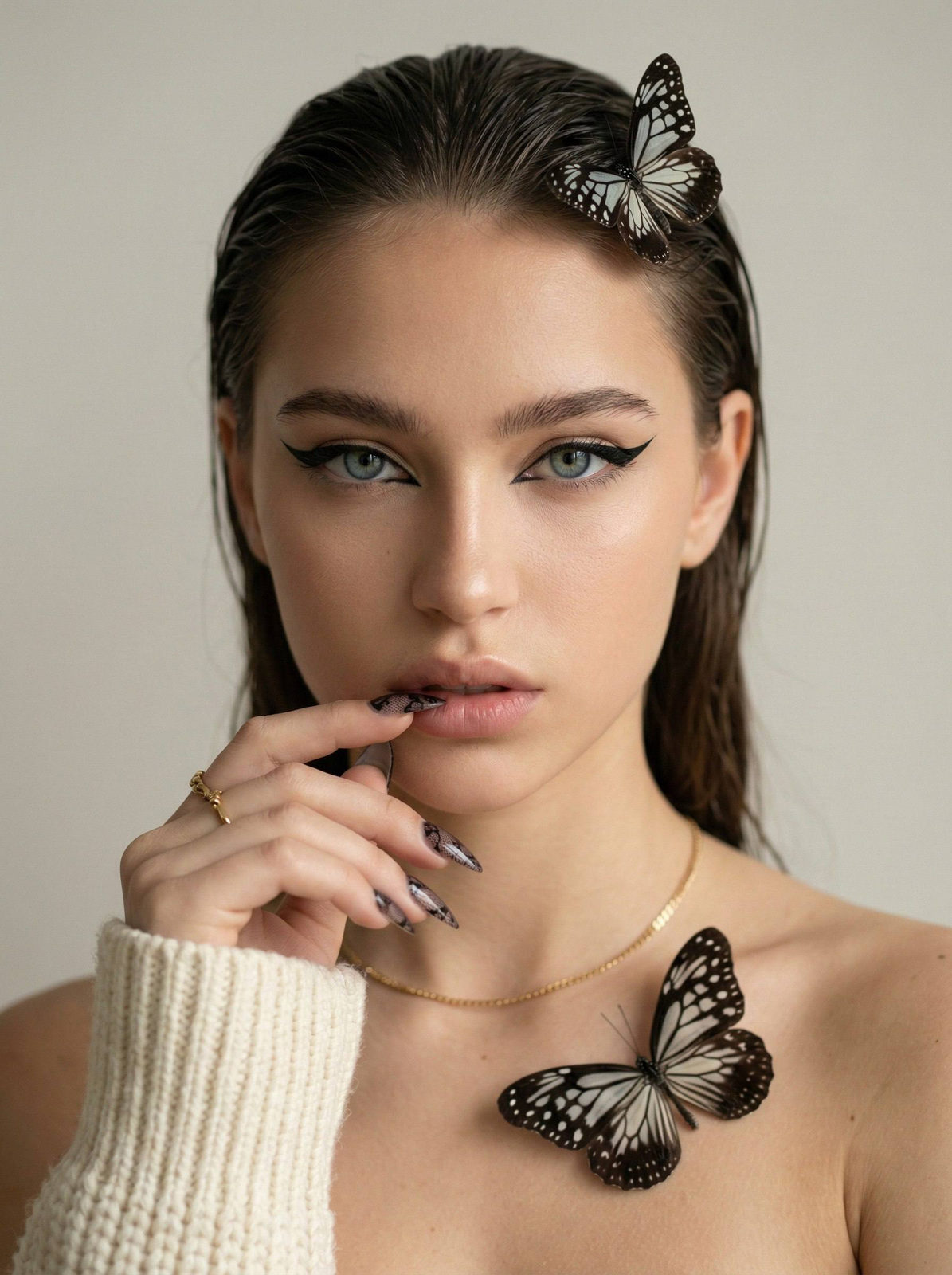 Realistic Portrait Woman Black Lace Nails