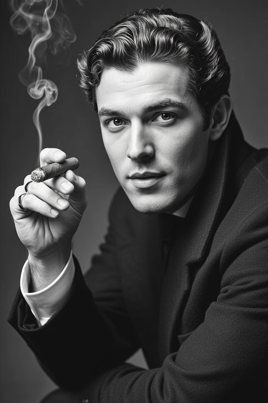Photorealistic Black And White Portrait Shows Man With Dark Wavy reference photo