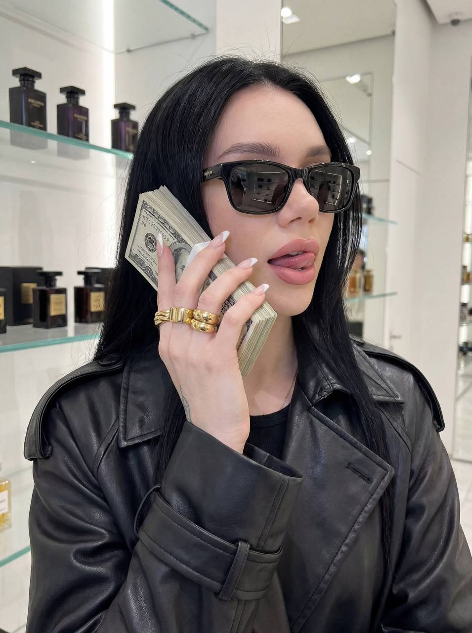 Woman Black Leather Money Portrait
