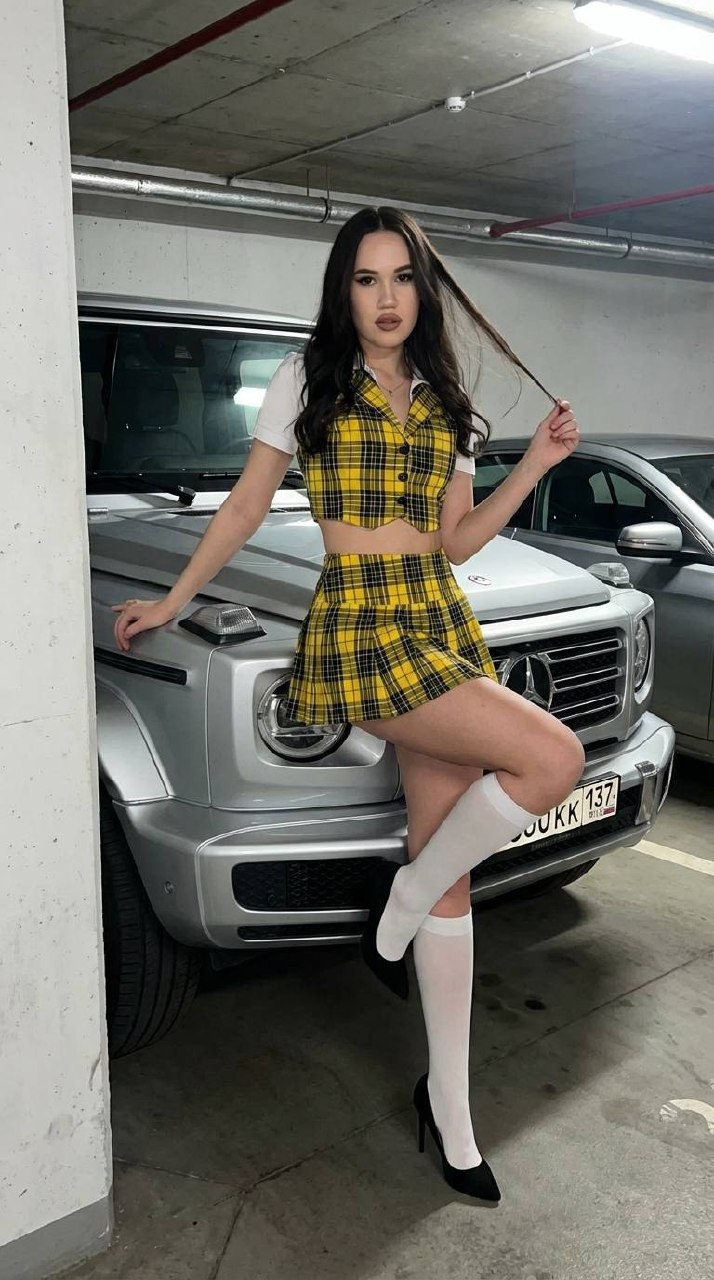 Realistic Indoor Flash Young Woman Car Garage