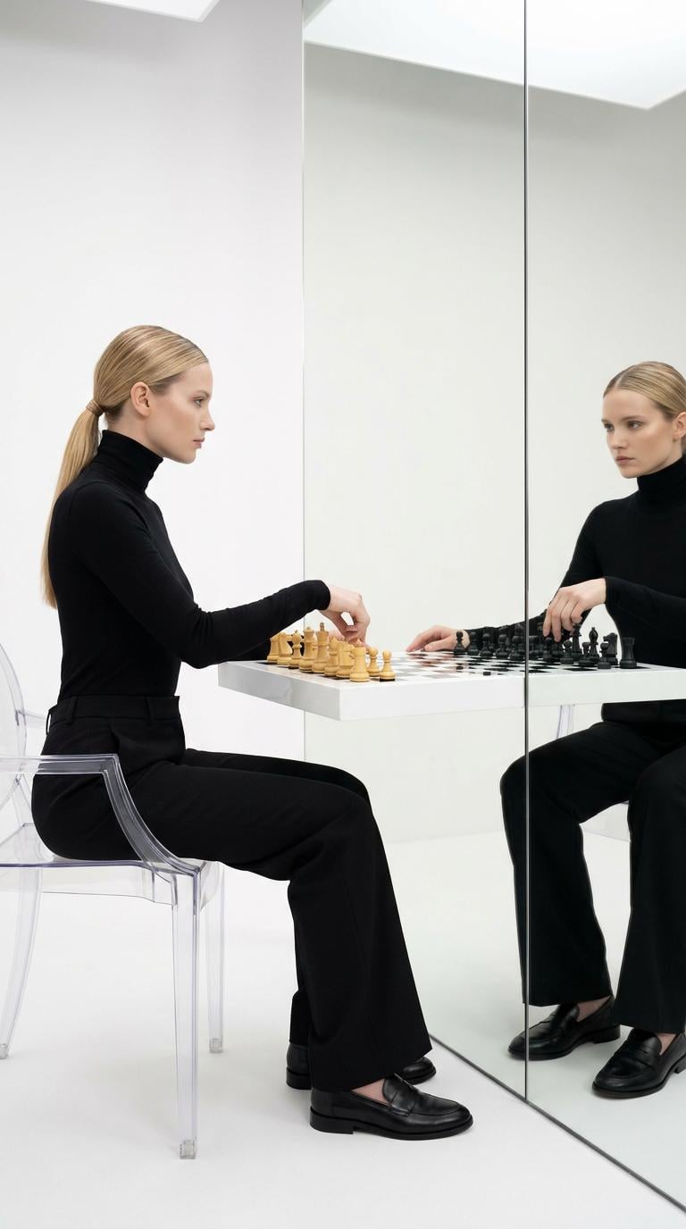 Playing Chess Against Reflection In White Studio reference photo