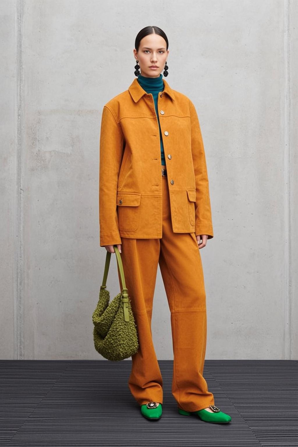 Teal Turtleneck Orange Trousers Fashion Editorial reference photo
