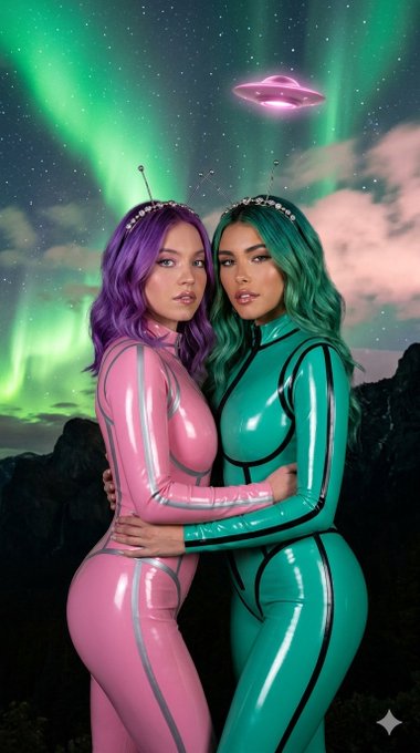 Two women in shiny latex catsuits embracing under the aurora borealis with vivid colors.