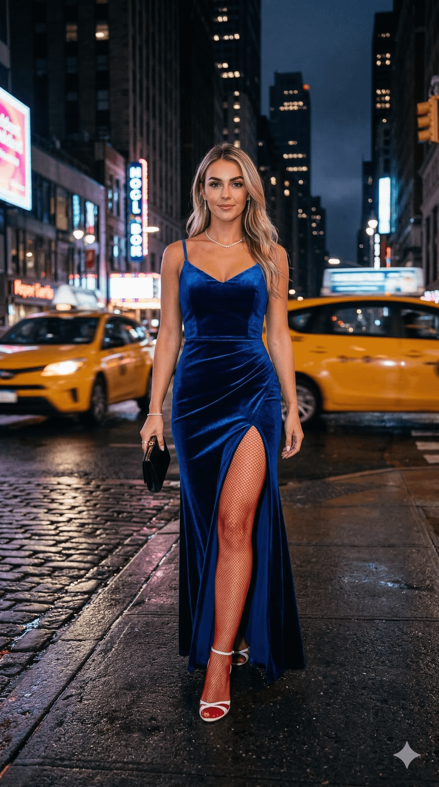 A woman in a royal blue velvet gown walks towards the camera on a wet cobblestone street at night, holding a black clutch.