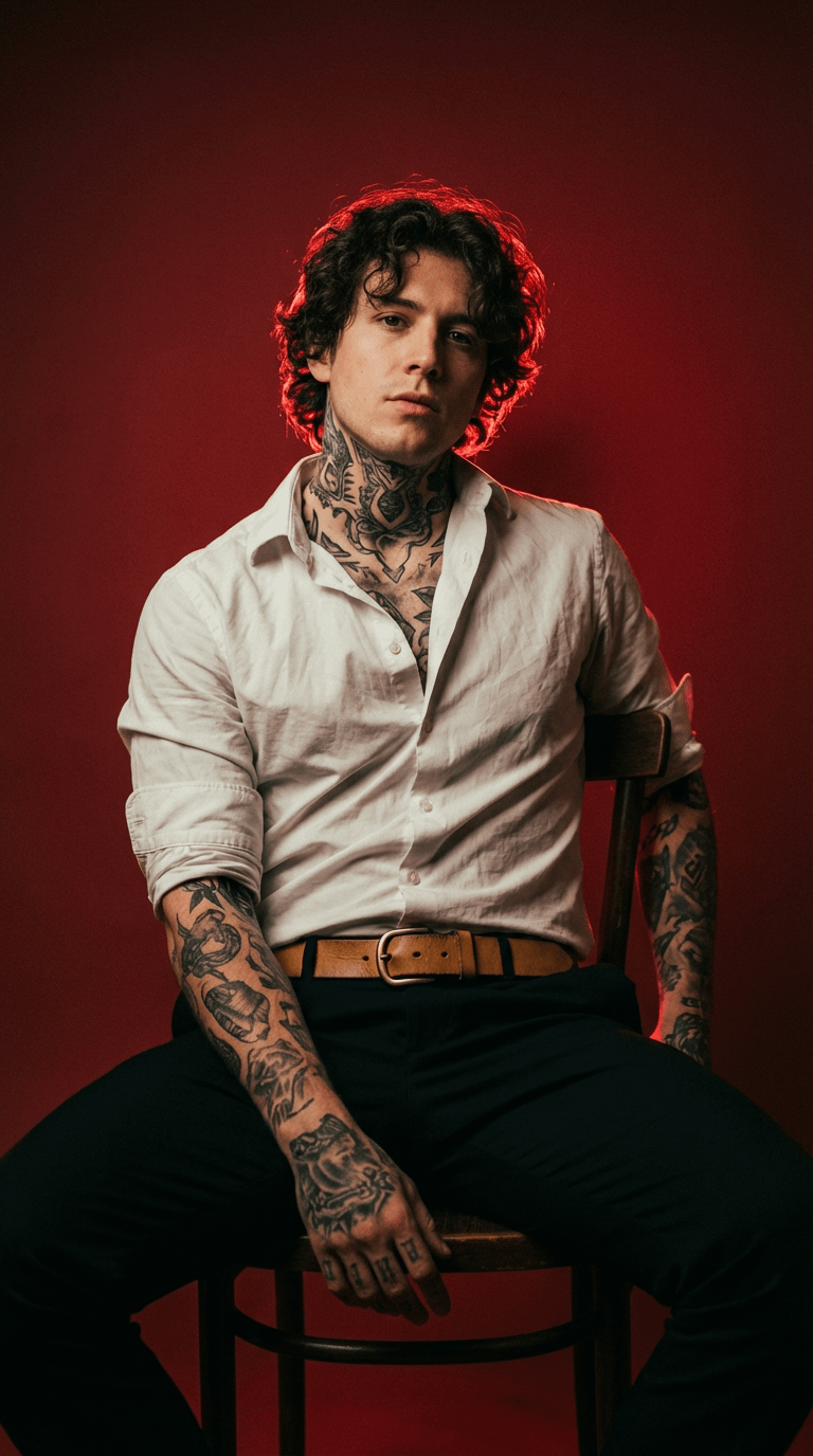 White Shirt Red Backdrop Tattoos