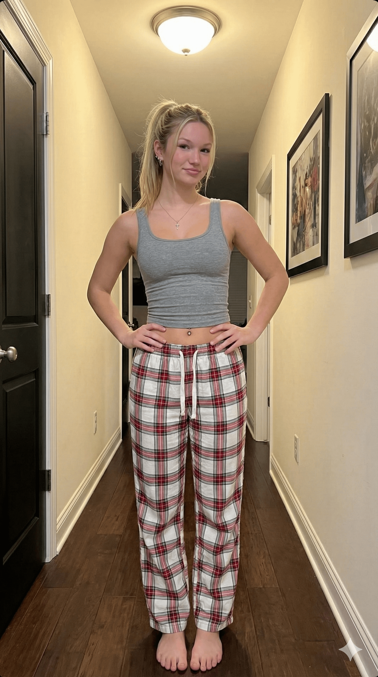A slender girl in plaid pajamas stands barefoot in a well-lit hallway, showcasing her relaxed pose.