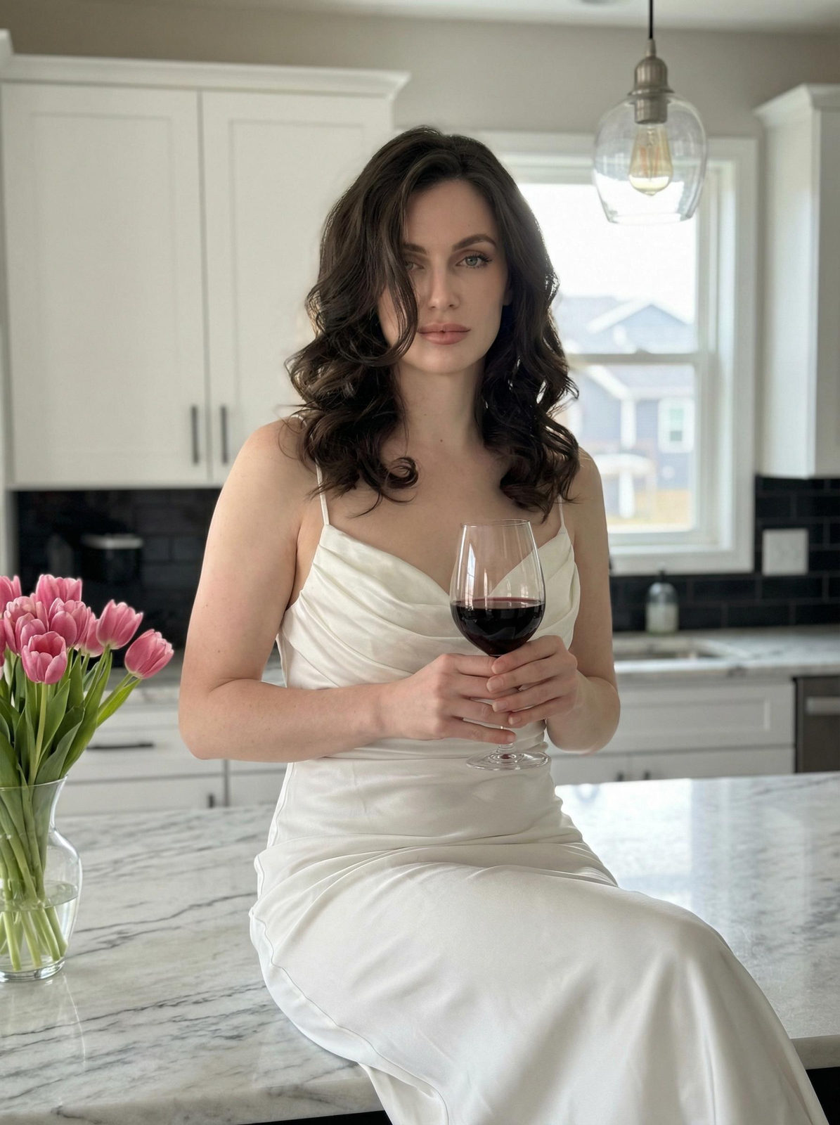 Realistic Woman Kitchen Wine Tulips