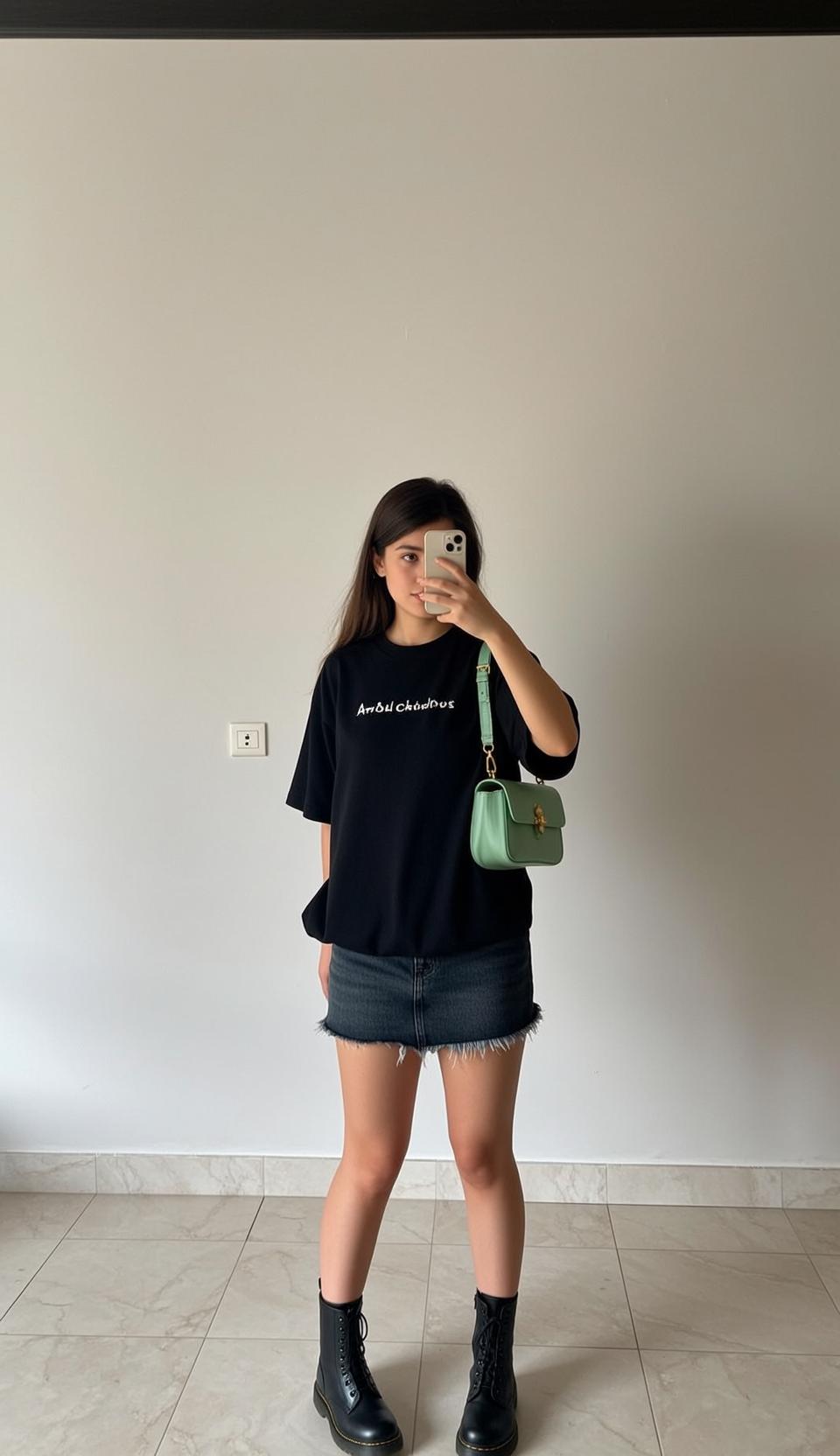 Black Shirt Straight Hair Mirror Selfie reference photo