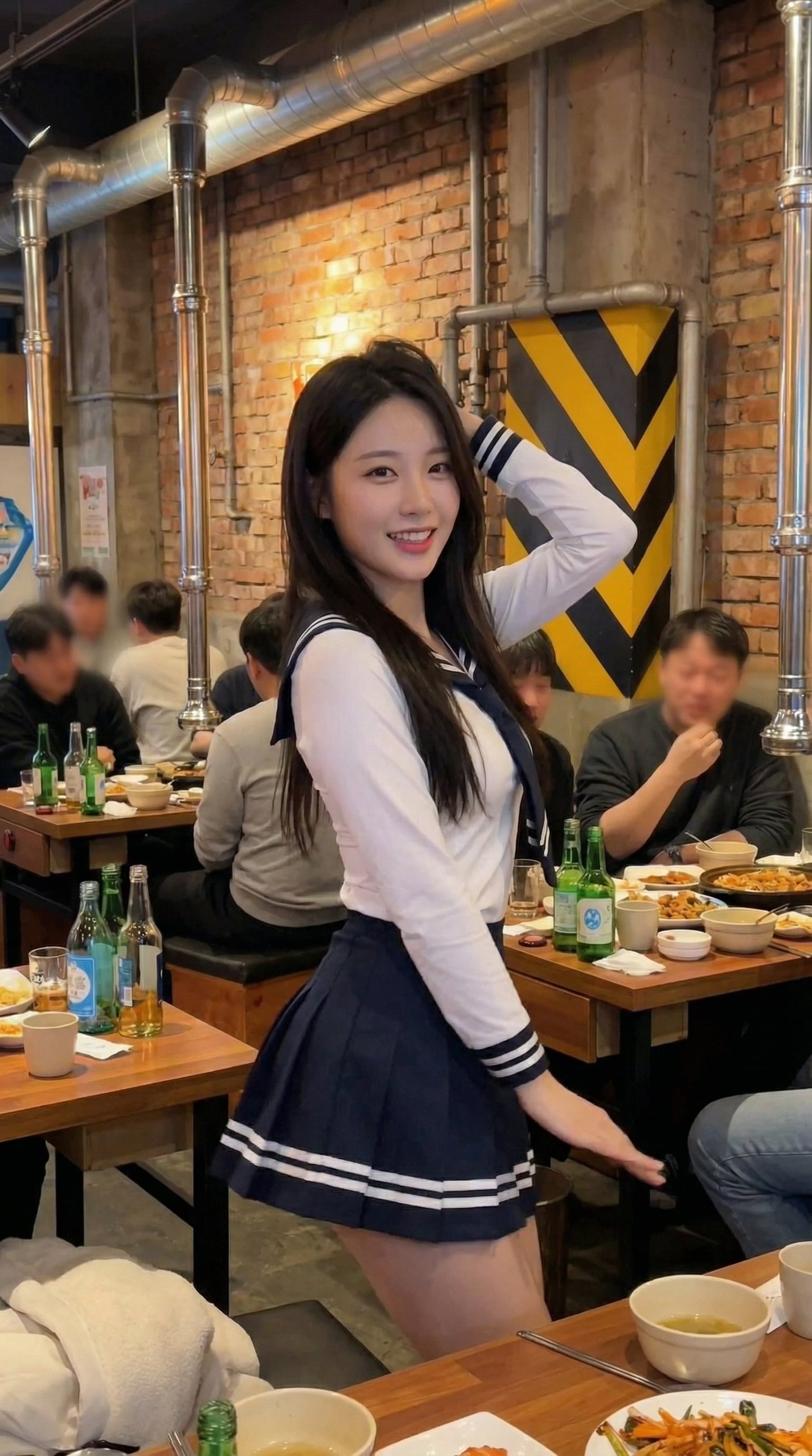 A captivating figure in a dark sailor collar mini skirt stands in a vibrantly lit eatery, radiating elegance.