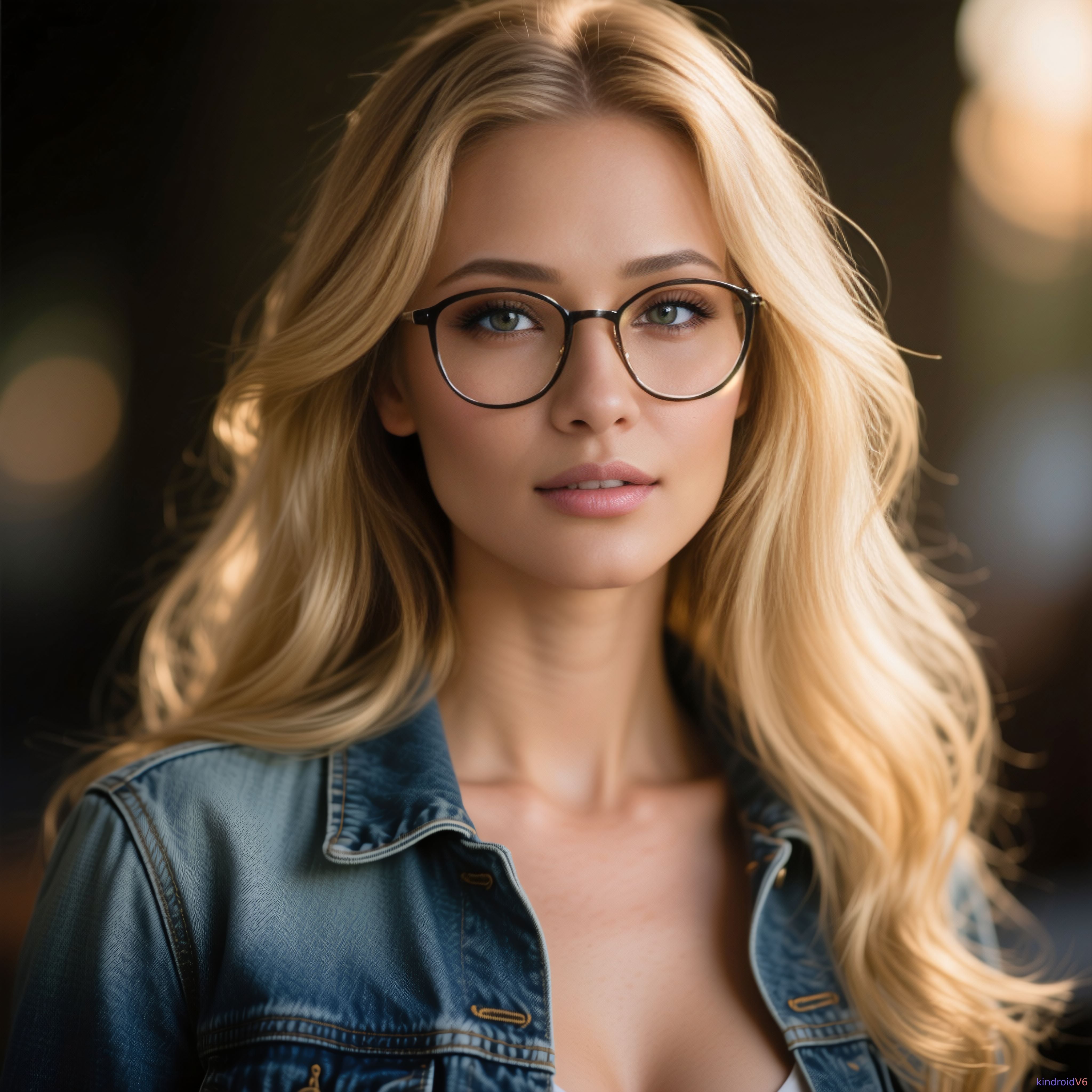 Blue Denim Jacket Round Glasses Warm Outdoor Light reference photo