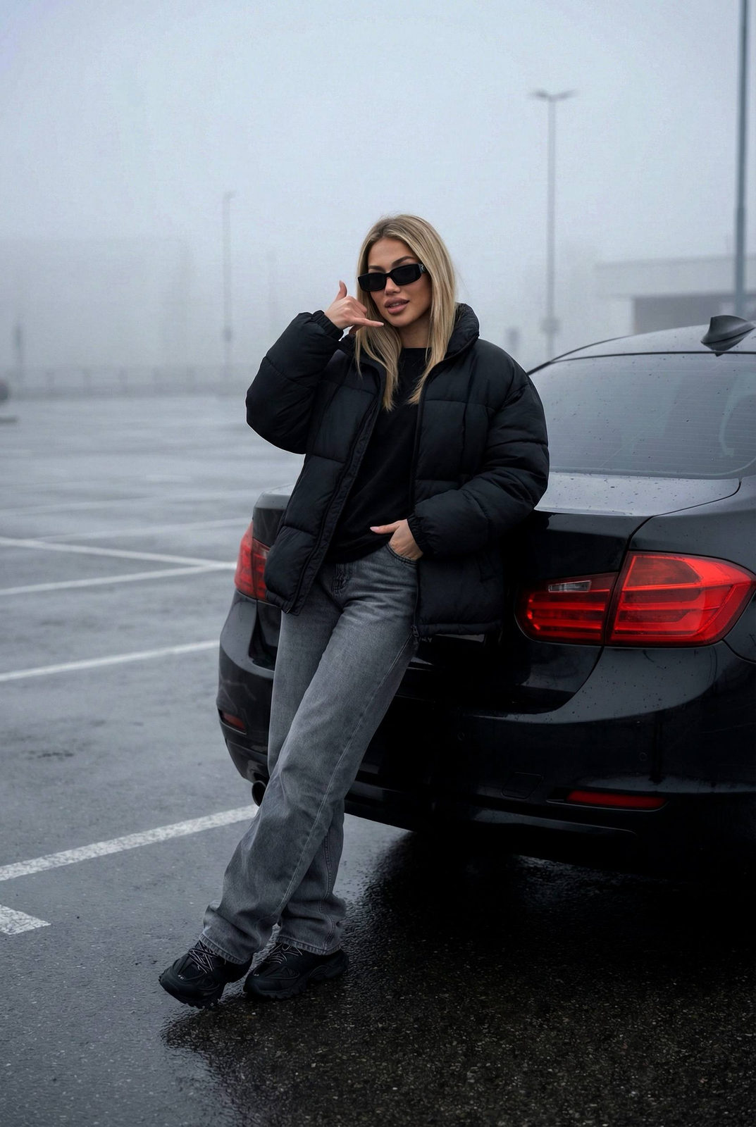 Woman Foggy Parking Lot Realistic