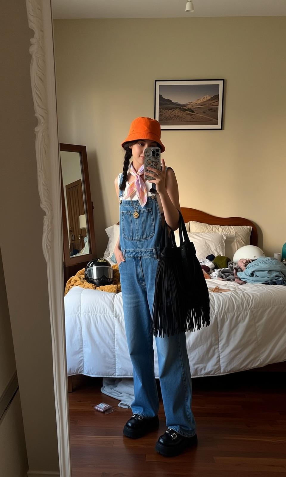 Denim Overalls Mirror Selfie in Bedroom reference photo