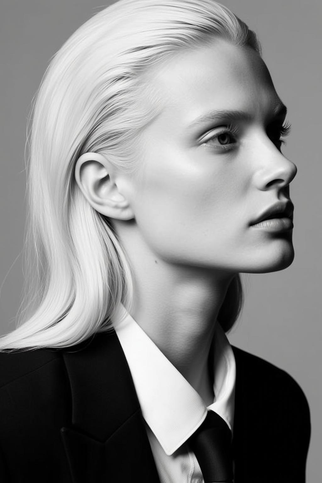 Photorealistic Portrait Pale-skinned Woman With Striking Platinum Blonde Hair Styled reference photo