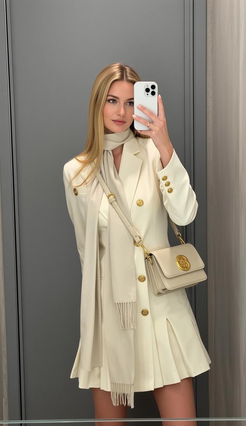 Blonde Woman Cream Blazer Dress Selfie Grey Wall reference photo