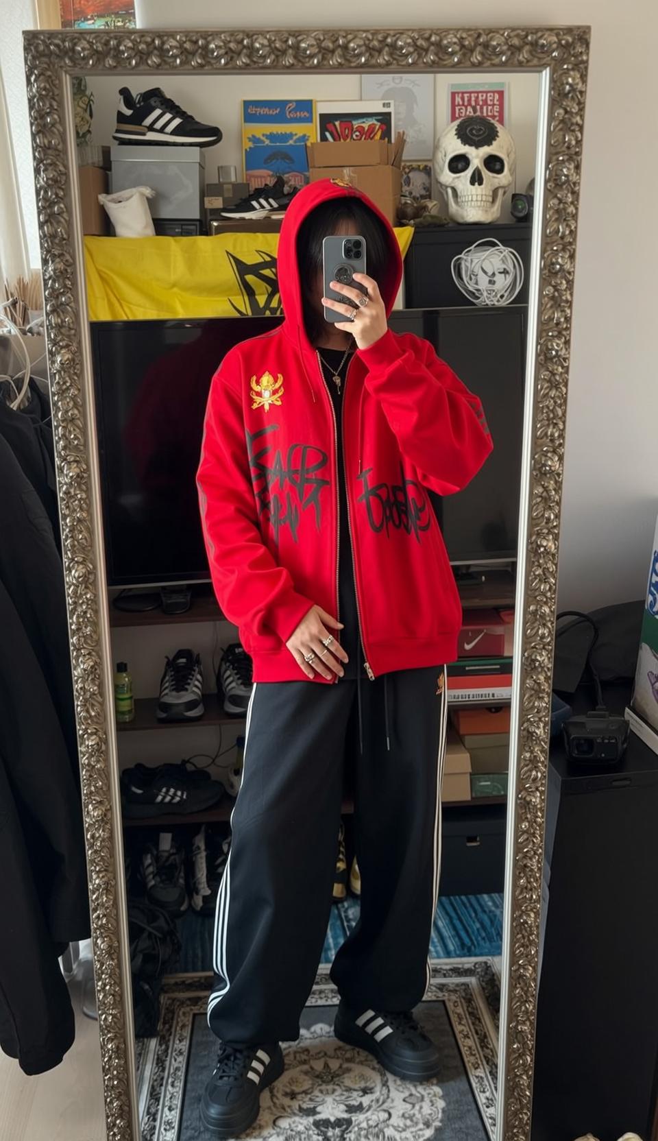 Red Hoodie Selfie Black Track Pants reference photo