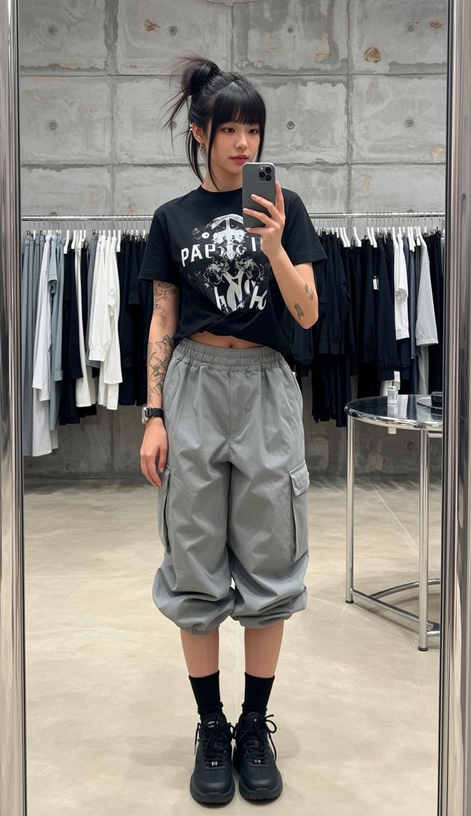 Black Shirt Bun Hair Mirror Selfie reference photo