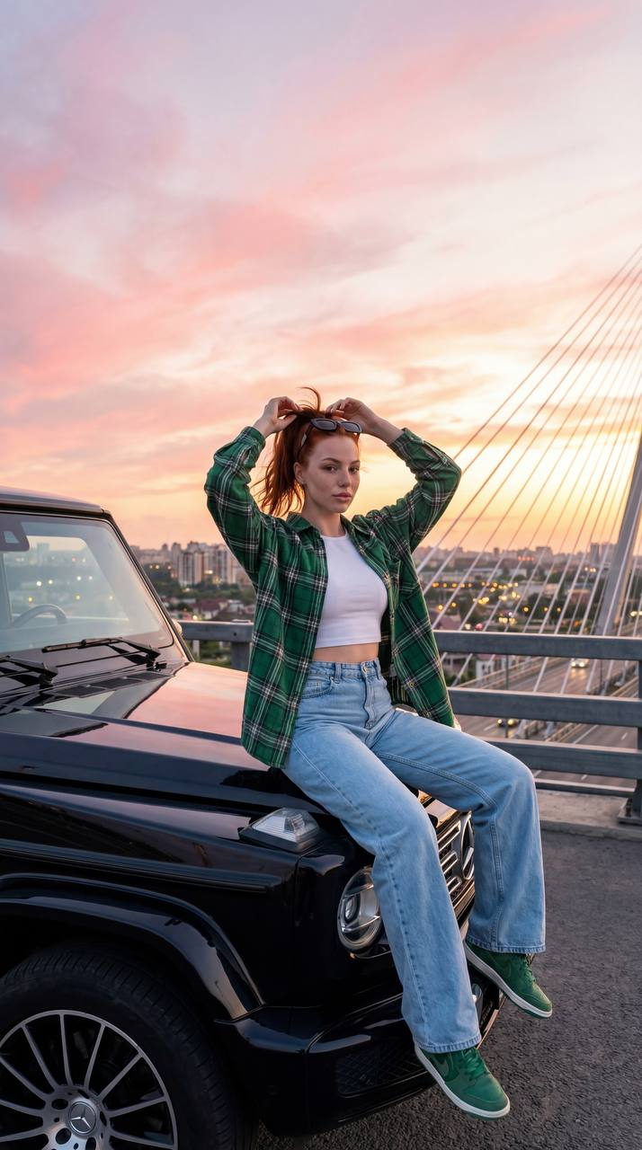 Girl On G Wagon Bridge Sunset Sky Fashion