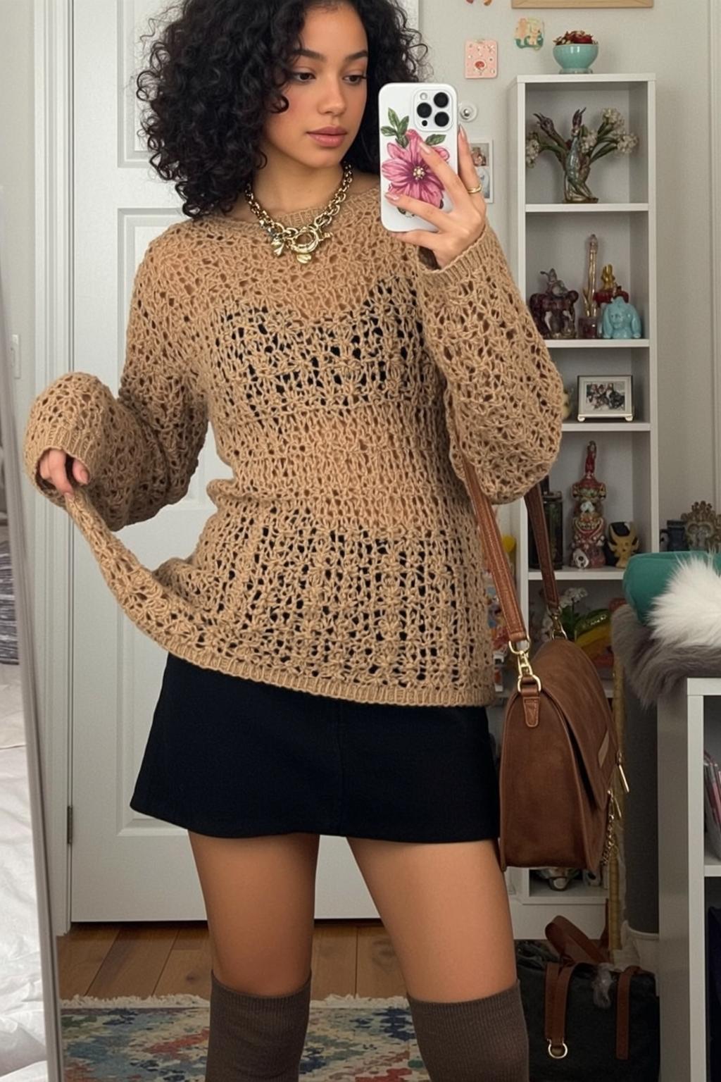 Tan Crochet Sweater Black Skirt Selfie reference photo