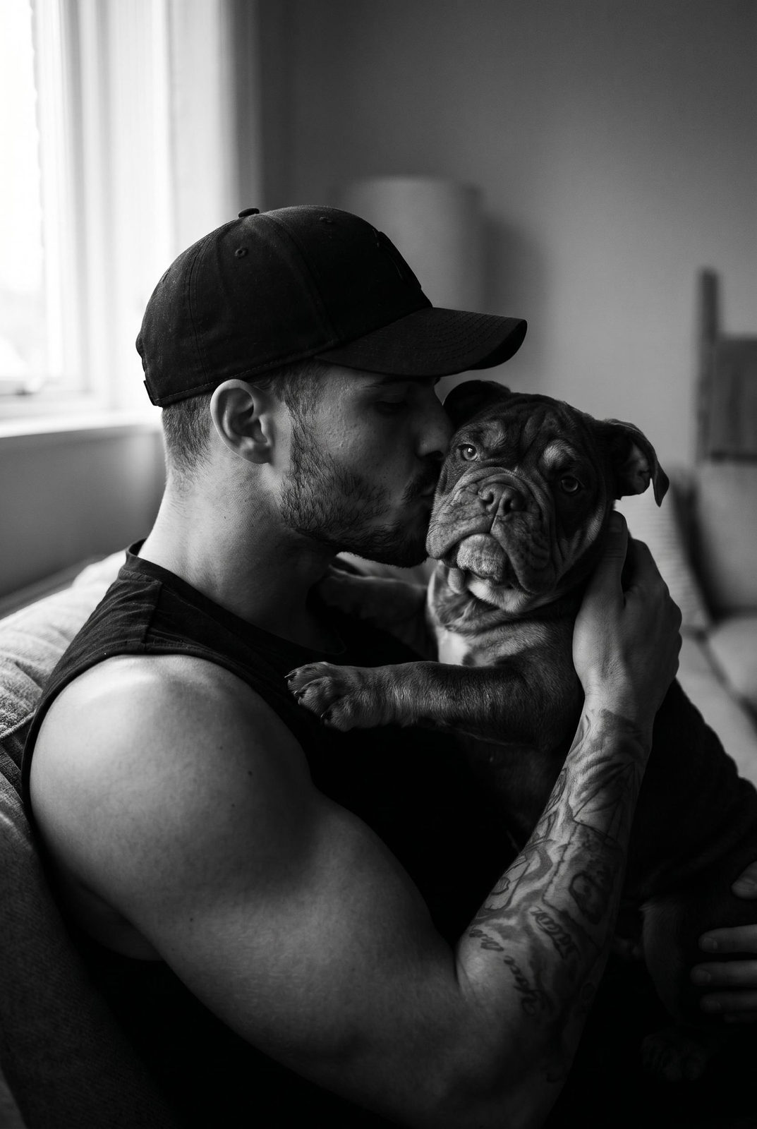 Muscular Man Kissing Bulldog Intimate Black And White