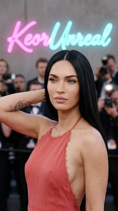 Red Carpet Halter Dress Freckled Shoulders Neon Sign