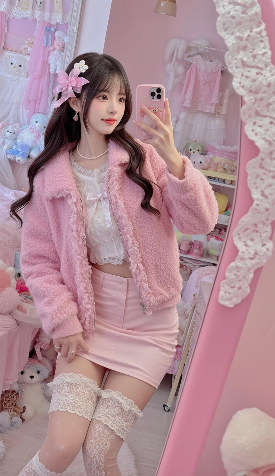 Barbiecore Stands Facing Slightly Her Right Holding reference photo