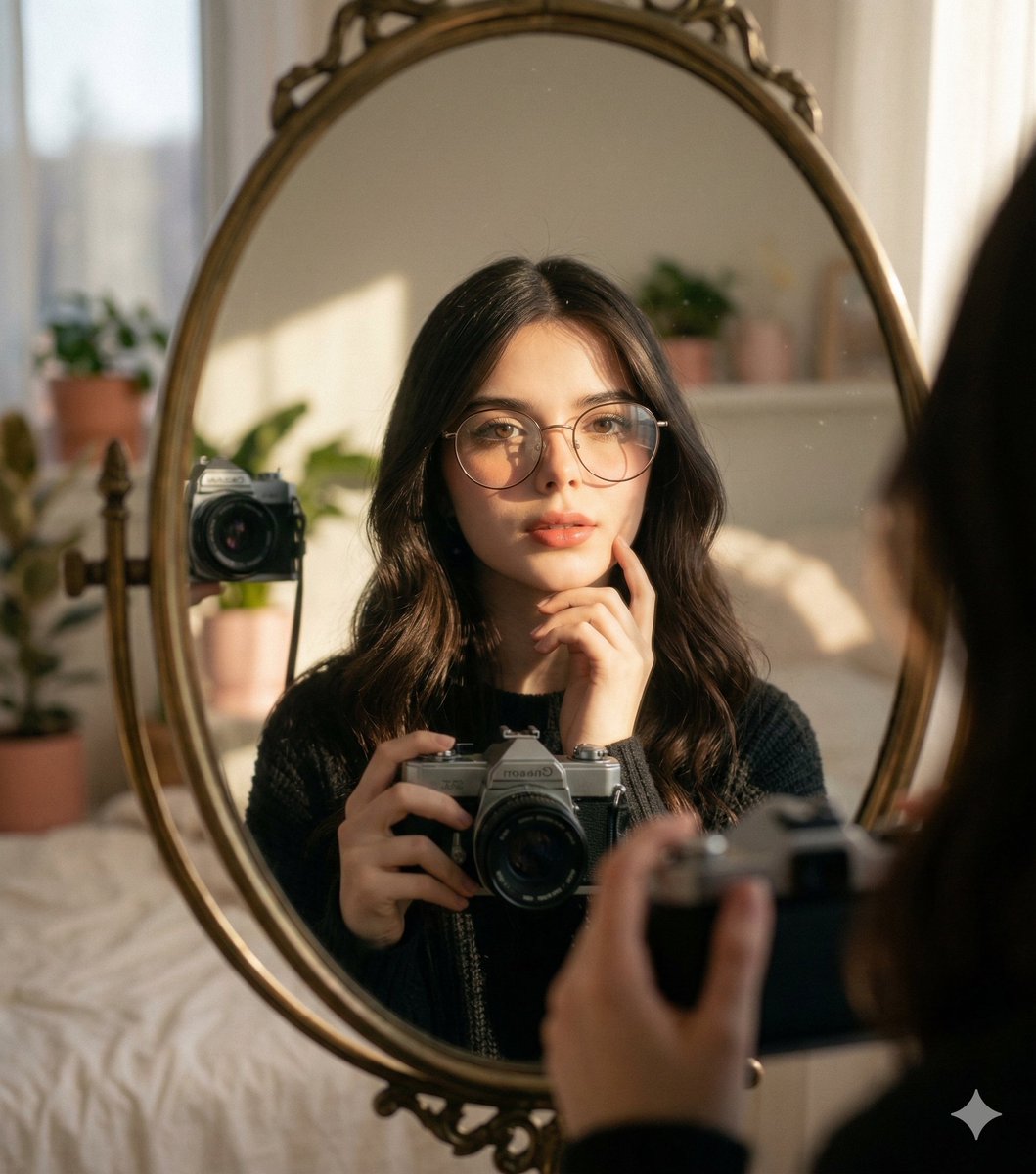 Holding Vintage Camera In Sunlit Mirror Reflection