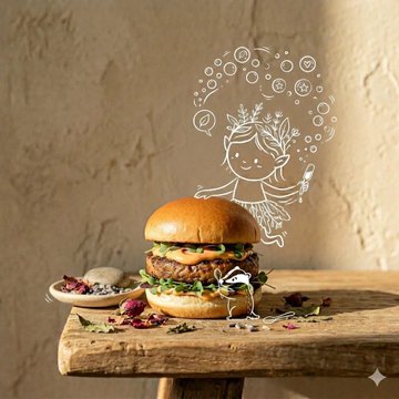 A gourmet burger with two patties and lettuce on a rustic wooden table, accented by dried rose petals and an illustration of a fairy.