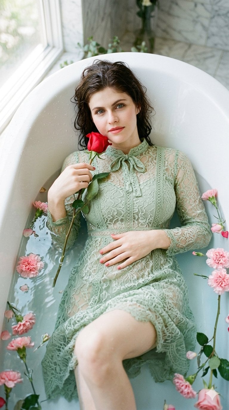 A woman in a pale green lace dress lying in a clawfoot tub, surrounded by pink carnations and holding a single red rose