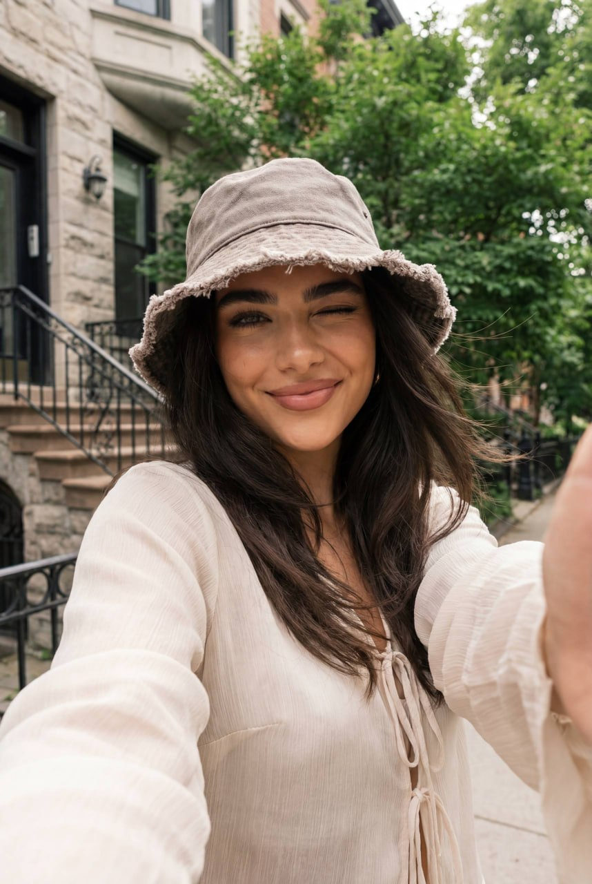 Girl Selfie Playful Summer Vacation Stone Building