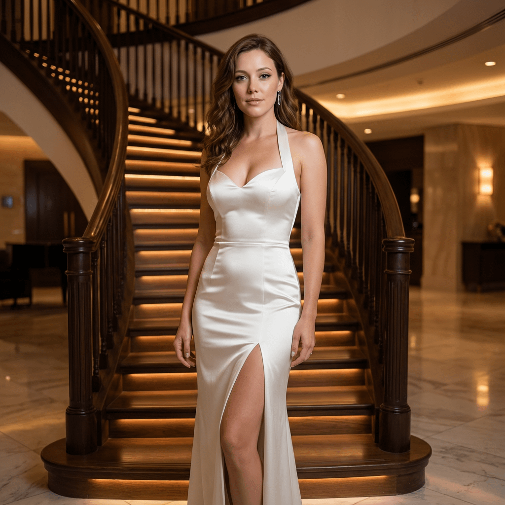 A glamorous woman in a white satin gown gracefully poses on a luxurious staircase, illuminated by warm LED lights.