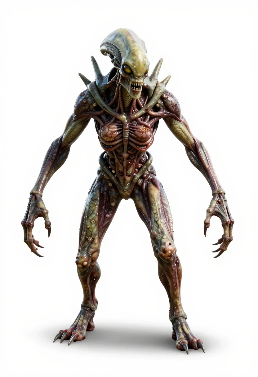 Rendered Full-body Shot Terrifying Alien Humanoid Monster Against Plain White reference photo
