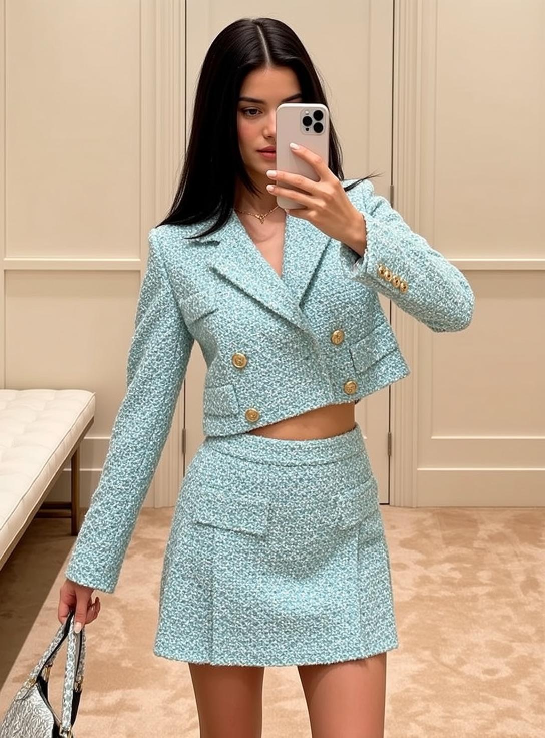 Blue Tweed Blazer Selfie In Boutique reference photo