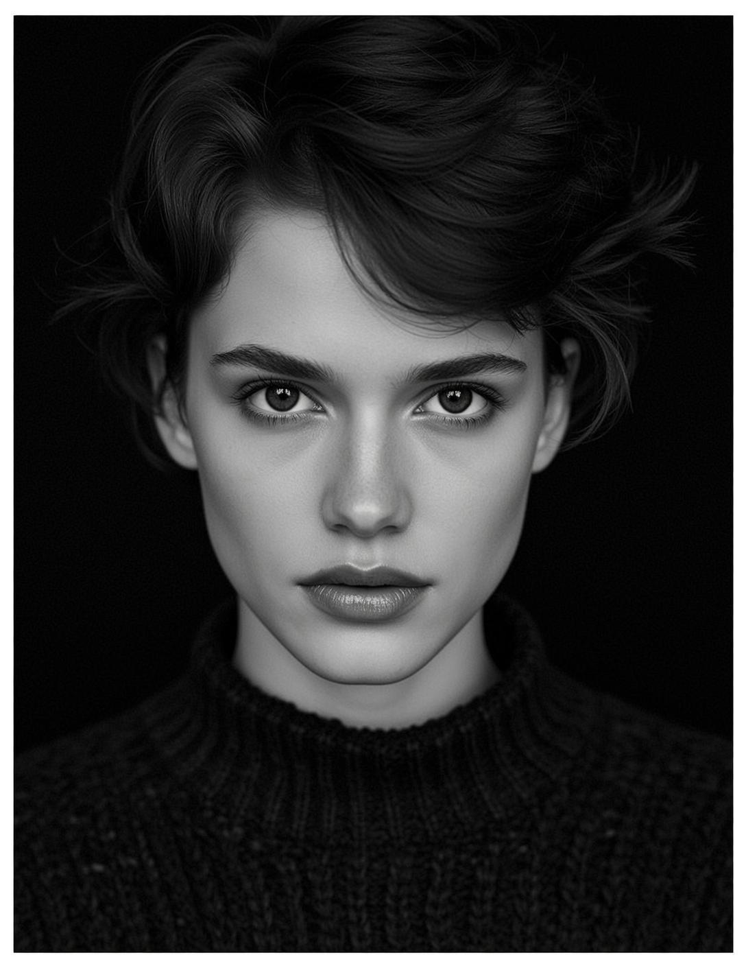 Photorealistic Black And White Headshot Portrait Young Woman With Neutral reference photo