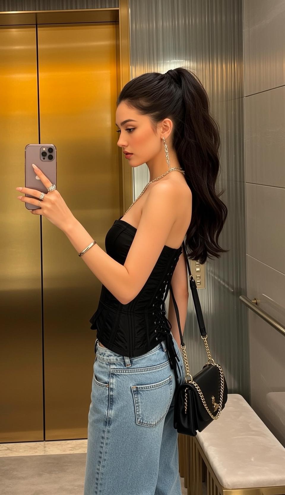 Explore Stands Profile Holding Smartphone Her Left reference photo