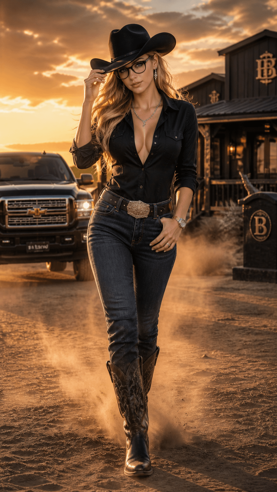 A woman in a black cowboy hat walks on a dusty road at sunset, with a Chevrolet pickup in the background.