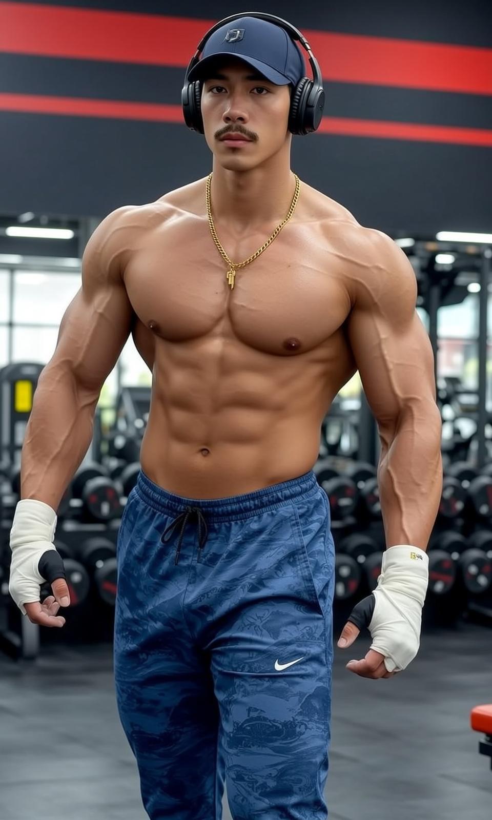 Muscular Short Black Hair Tan Skin Blue reference photo