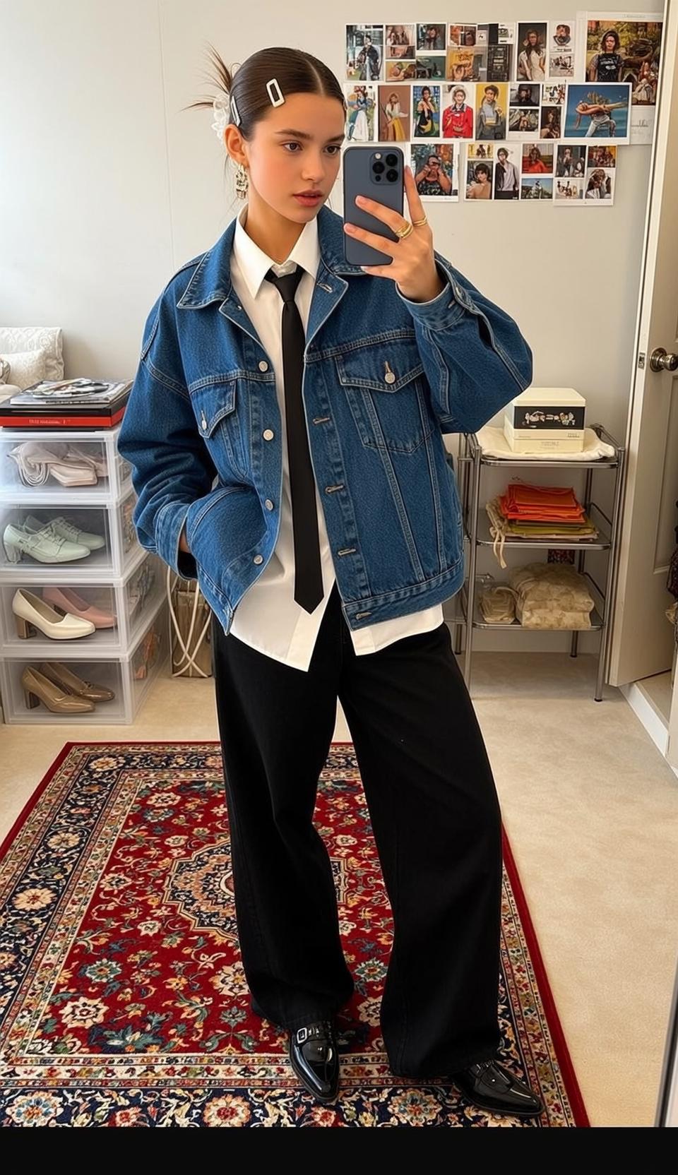 Ponytail Denim Jacket Mirror Selfie reference photo