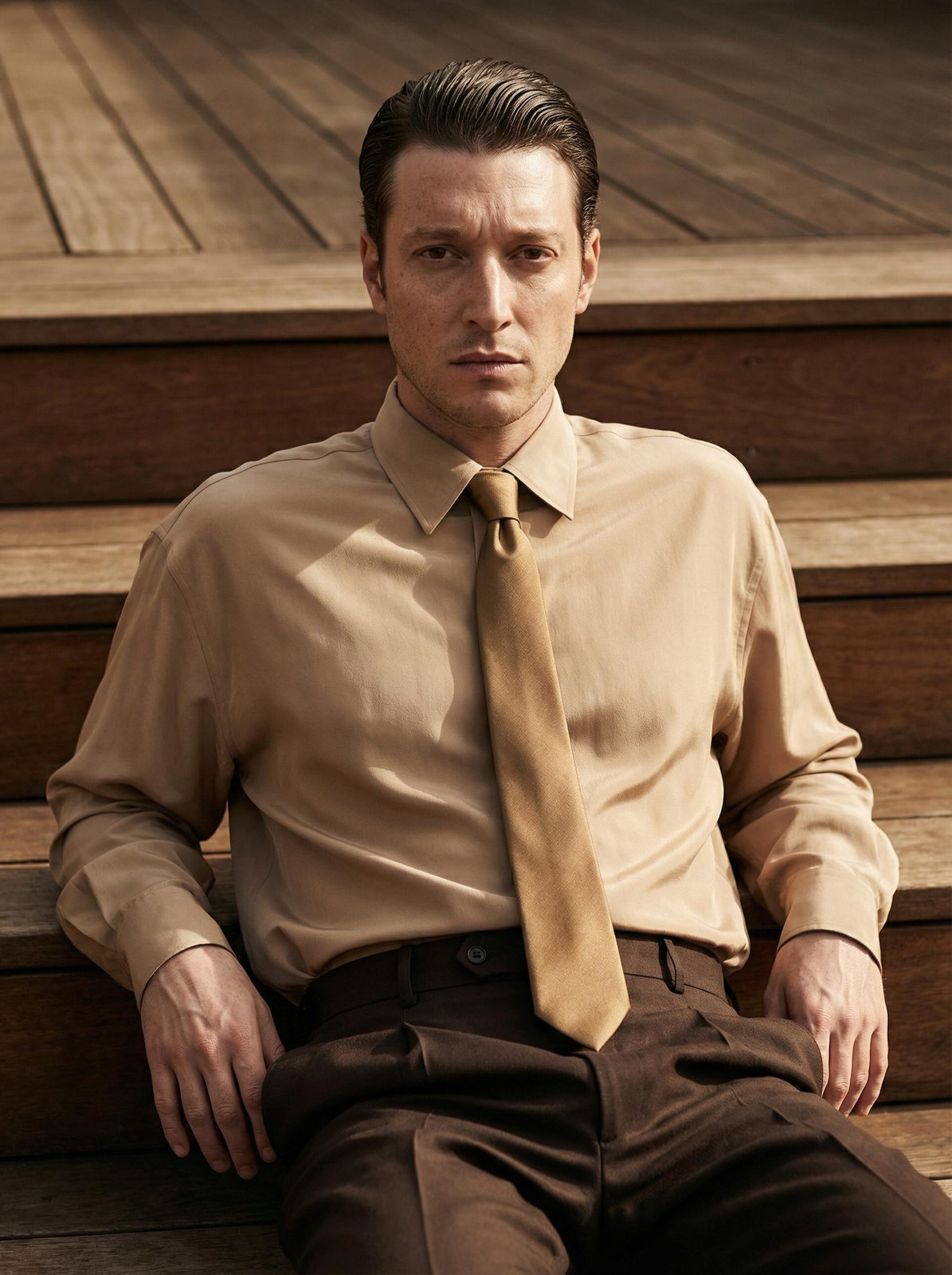Man Wooden Steps Fashion Editorial Photorealistic