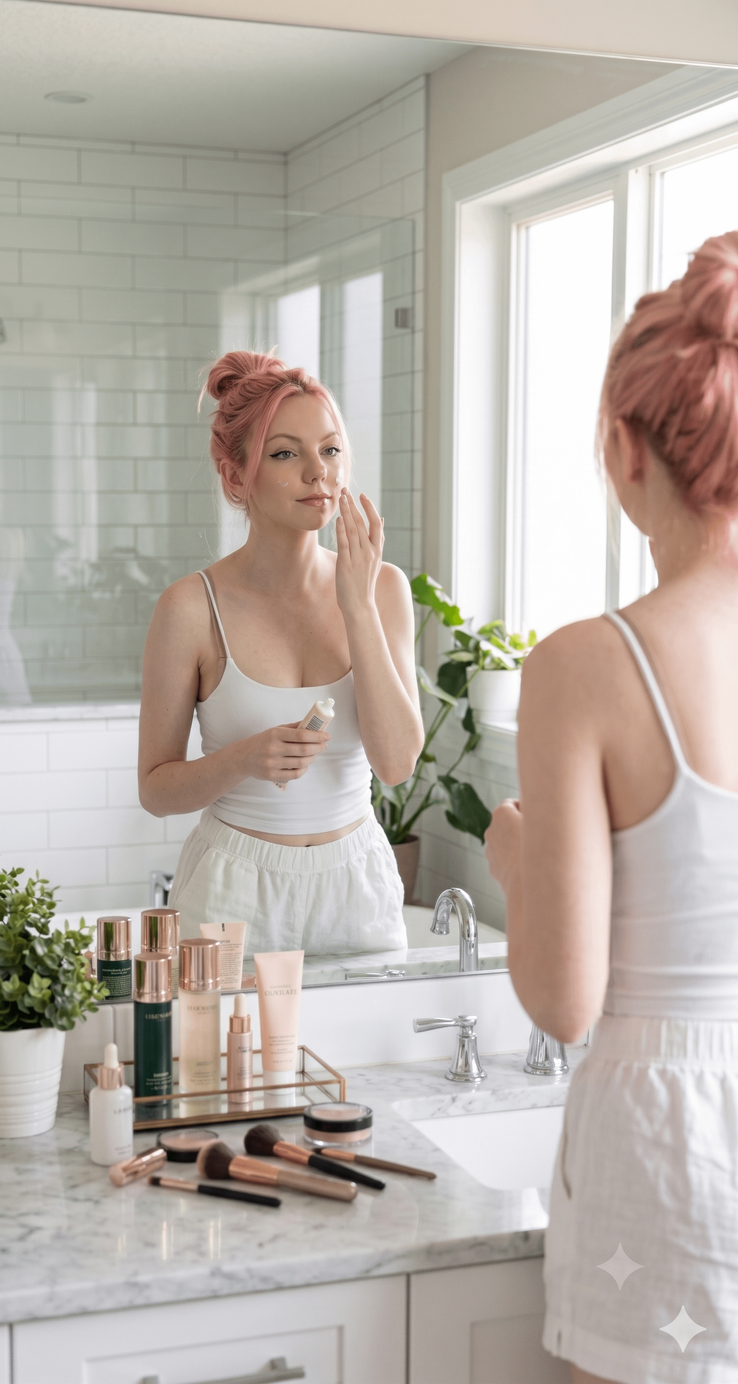 Applying Makeup In Minimalist Bathroom Mirror