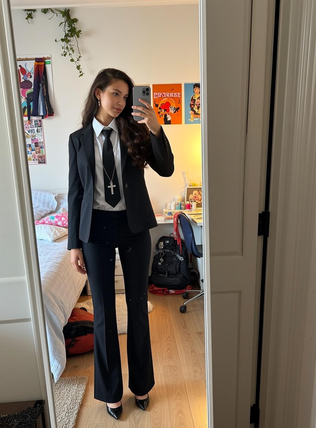 Black Blazer Wavy Hair Mirror Selfie reference photo